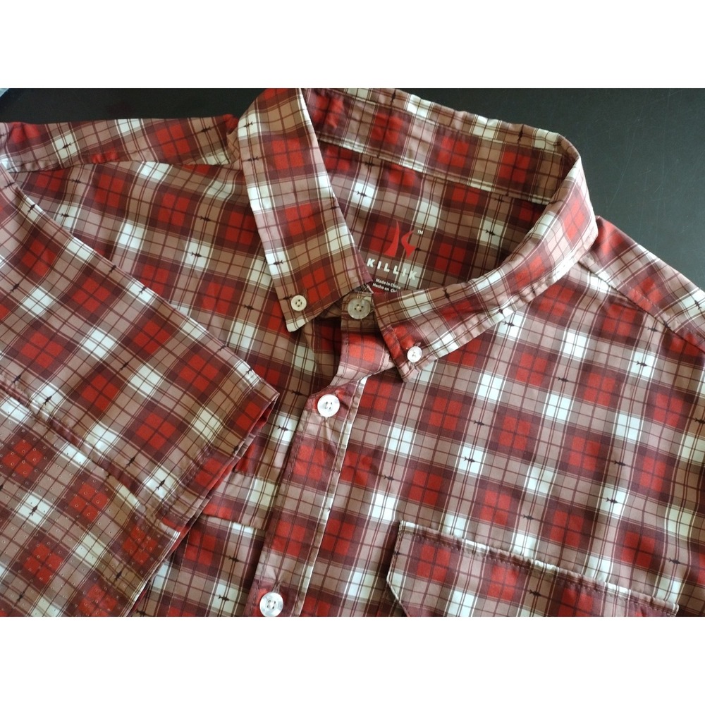 Killik Mens XL Red‎ Plaid Fish Print Short Sleeve Ventilated Fishing Shirt